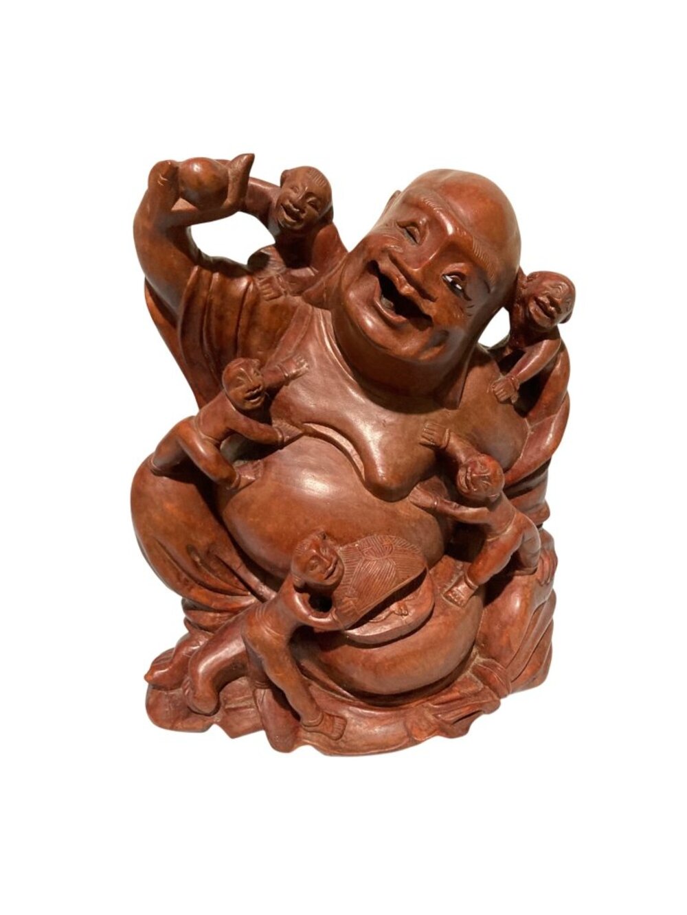 Brown Wood Laughing Buddha Wood Carving With Children Statue